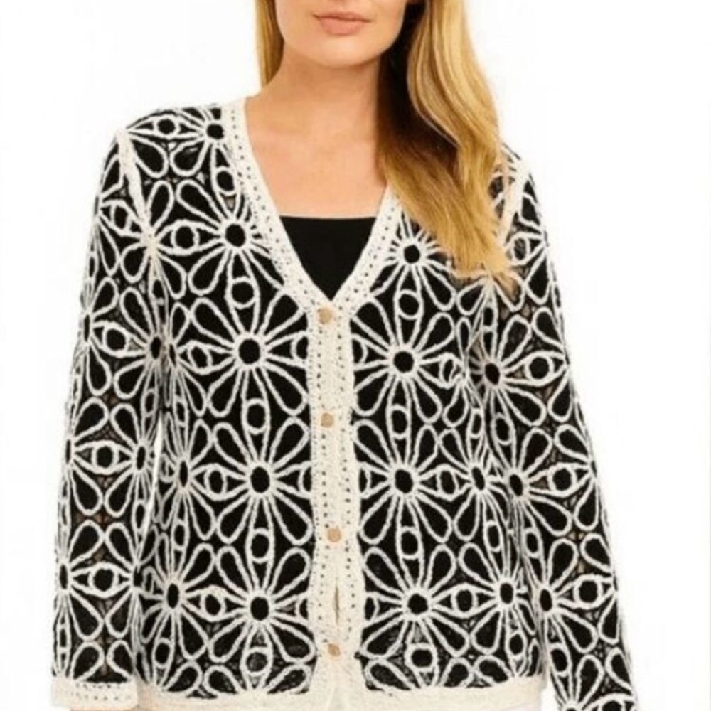 Anthropologie Black and White Crochet Floral Cardigan Sweater-Size Medium